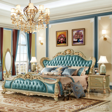 Conjunto de quarto de luxo, móveis extravagantes, conjunto de quarto de desejo de madeira de couro real